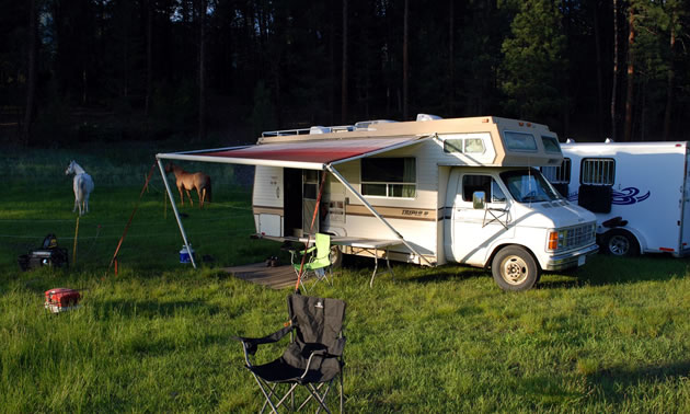 Picture of motorhome in green field, beside a pasture and 2 horses.