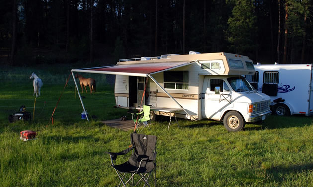 Picture of motorhome in green field, beside a pasture and 2 horses. 