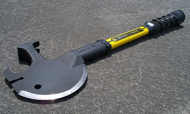 Trucker's Friend is an axe, nail puller, claw hammer and more with a yellow and black handle.