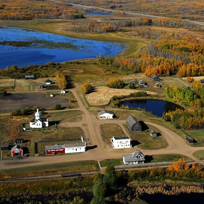 An aerial view of the Ukrainian Cultural Heritage Village. 