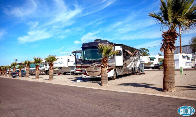 An RV parked at an Encore RV Resort