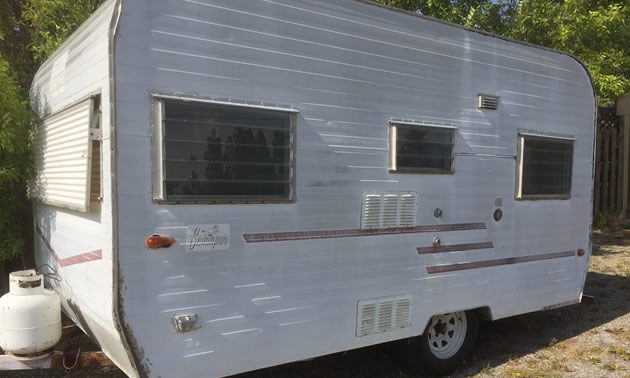 A vintage Scamper travel trailer. 