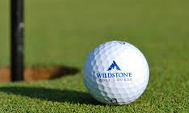 Close-up of Wildstone golf ball with logo on it.