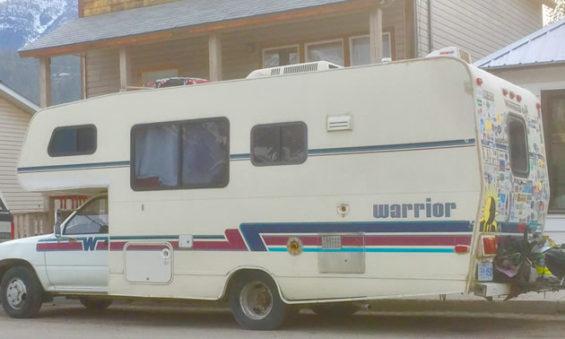 A Winnebago Warrior motorhome, view from rear.