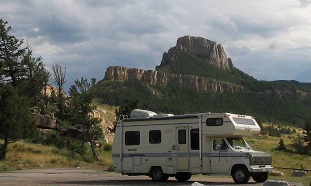 Winston Foster's 24-foot 1989 Ford Vanguard Class C Motor Home near Red Rock River in Montana.