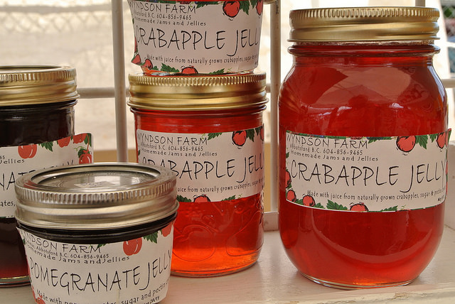 A display of crabapple and pomegrante jelly at the Abbotsford farmers market.  