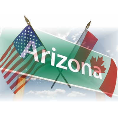 Collage of U.S. and Canadian flags with Arizona road sign.