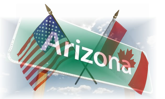 Collage of U.S. and Canadian flags with Arizona road sign.