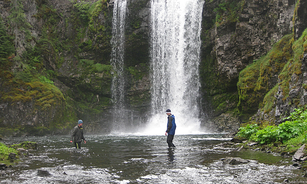 people standing beside a waterfall