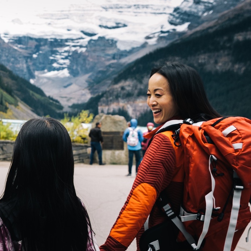 A family in front of the mountains in Banff