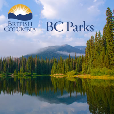 Scenic lake picture with BC Parks logo. 