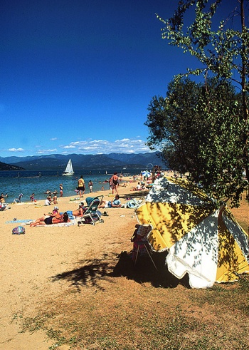 City Beach on Lake Pend Oreille in Sandpoint, Idaho is just a short stroll from downtown and a popular spot to soak up the sun.