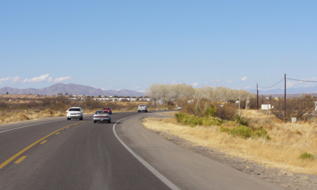 A view of the highway and mountains near Benson, Arizona.
