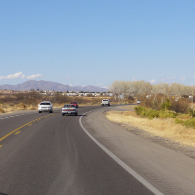 A view of the highway and mountains near Benson, Arizona.