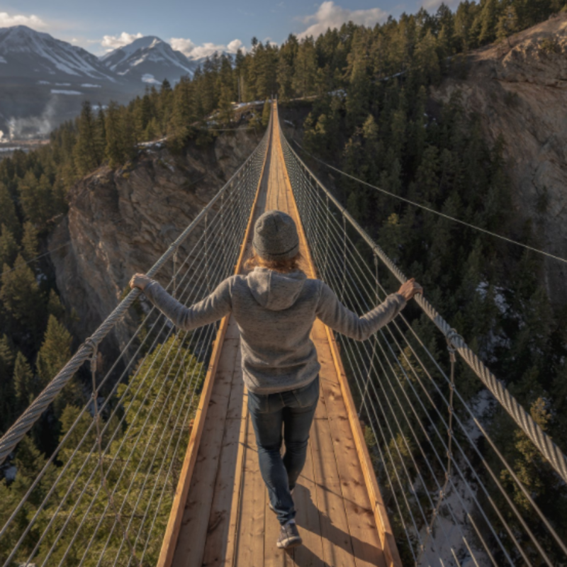 lady walking on a suspension bridge