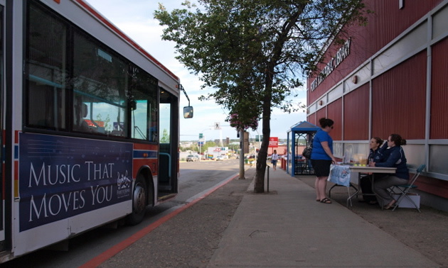 Street view of a city transit bus.