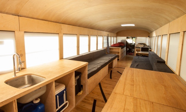 The inside of Hank's transformed school bus.