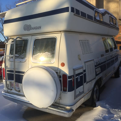 An Okanagan camper van, back view.