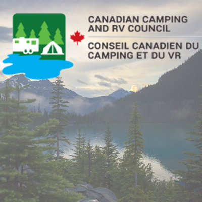 Canadian Camping Council logo, with background of mountain lake. 