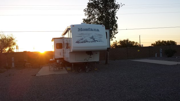 Our 5th wheel in the beautiful sunset.