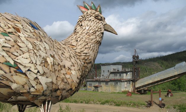 Chicken's mascot 'Mr Eggee' overlooking the Pedro dredge.