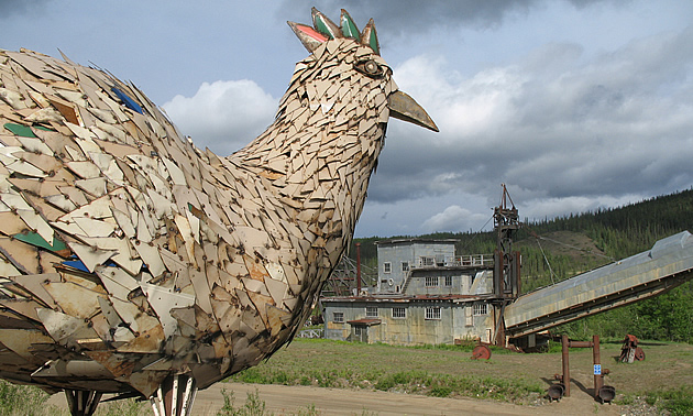 people panning for gold, and the Chicken town mascot