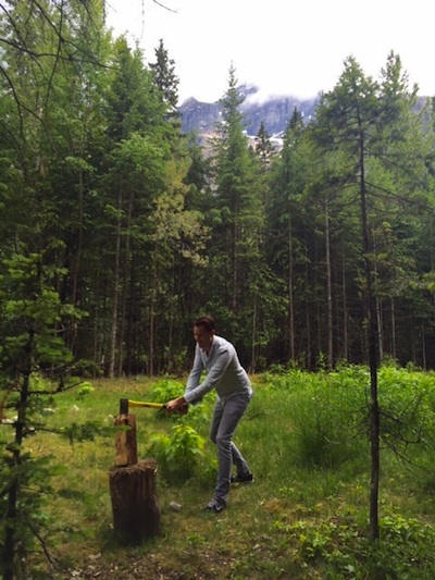 Joost chopping firewood in Banff National Park.