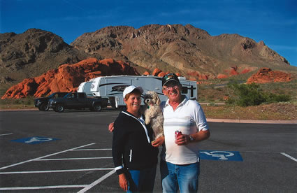 Bernice and Mike New with Gizmo at Valley of Fire State Park in Nevada