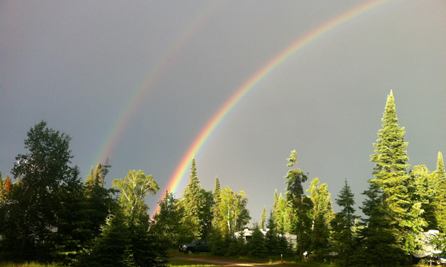 A beautiful double rainbow over the Hamm's site at Falcon Lake, Manitoba, after a thunderstorm.