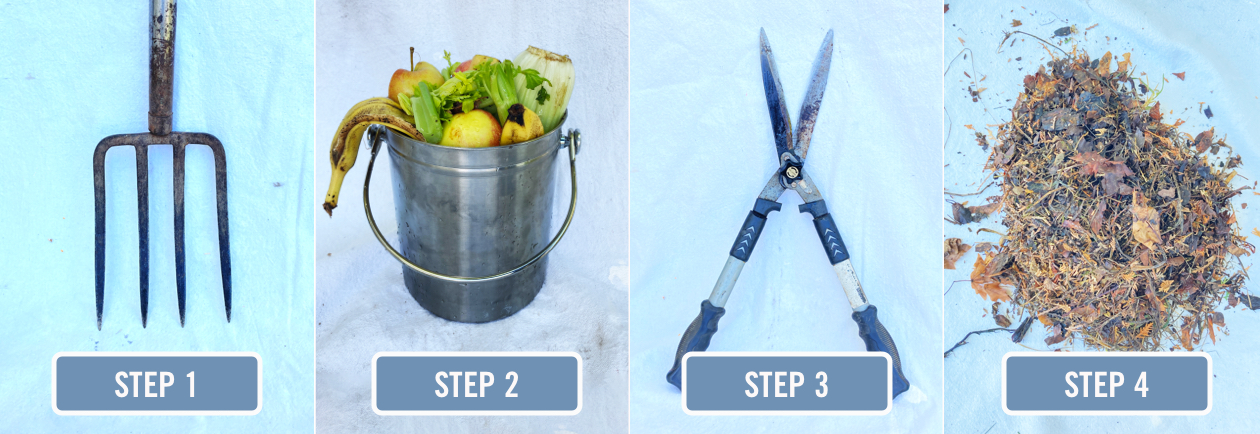 A collage of four images: a garden fork, a bucket of kitchen scraps, a pair of hedge clippers, and a pile of dry leaves.
