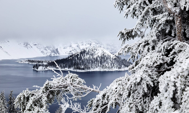 snowy mountains, lake and trees