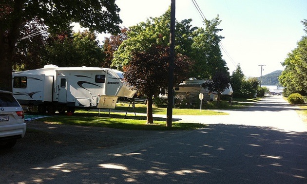 One of the well-shaded sites at Scotties RV Park & Campground in Creston, B.C.