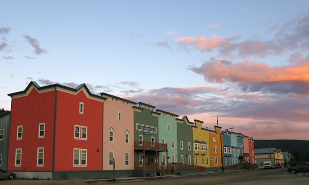 Dawson City's historic downtown is lined with brightly coloured buildings.