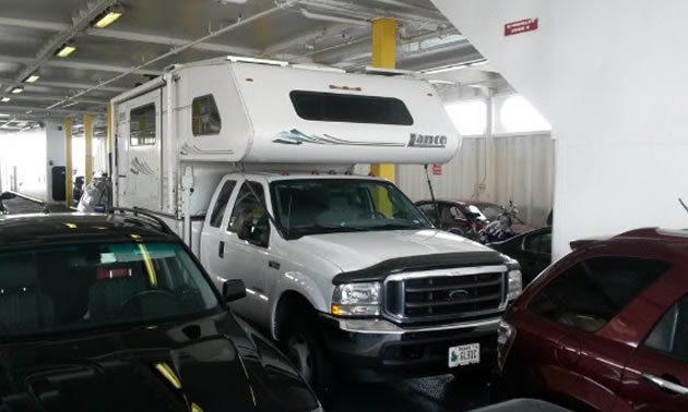 Picture of camper on a ferry. 
