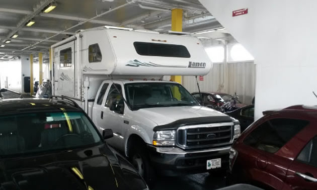 Picture of camper on a ferry.