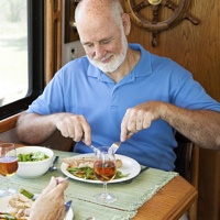 Photo of a couple eating in their RV