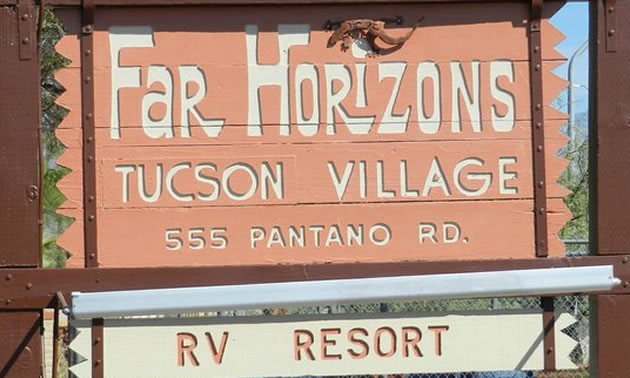 Far Horizons Tucson Village RV Resort sign. 