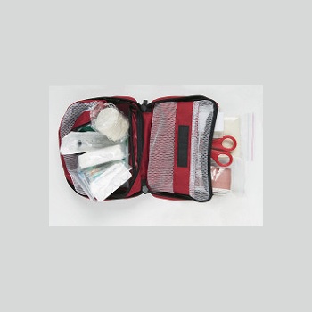 A first aid kit that is open to show its contents. 