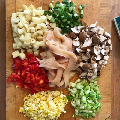 Cutting all of the ingredients for pike chowder in advance makes assembly and cooking easy.
