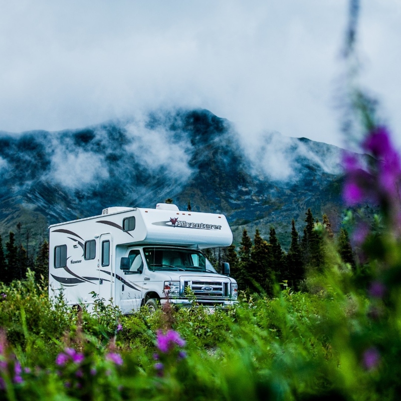 RV in a field of wildflowers