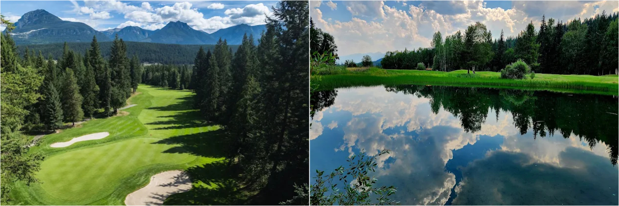 Overview of the golf course, with water features and mountain views