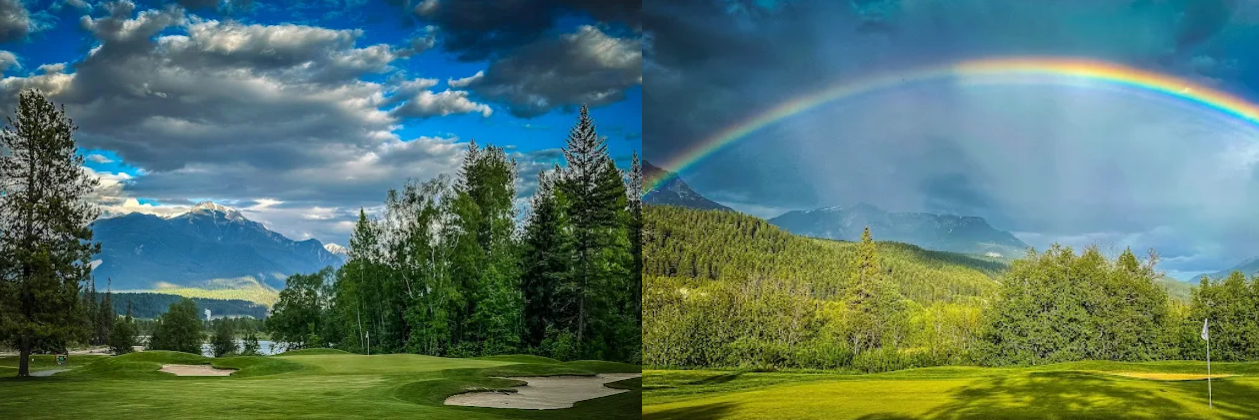 Golden Golf Course greens, with pine forests and mountains in the background, a rainbow overhead
