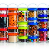 A group of colourful GoStack containers filled with a variety of items.  