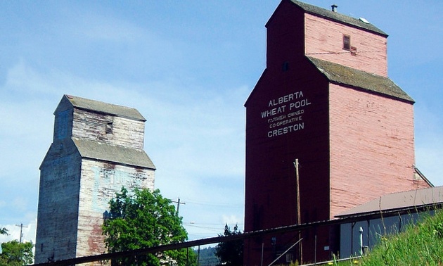 The famous grain elevators in Creston, BC can been seen while sipping coffee at Creative Fix.