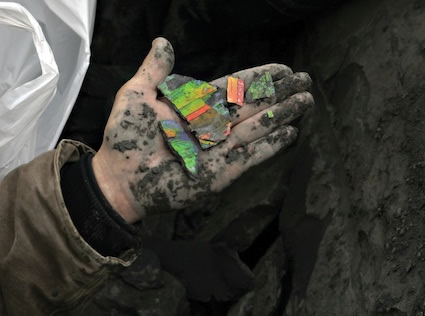 Pieces of brightly coloured rock on the palm of a hand