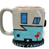 The fun happy camper mug, designed to look like a camper.