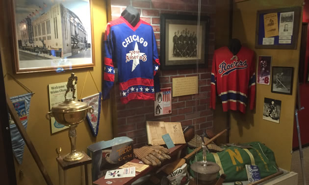 Display case at the United States Hockey Hall of Fame museum. 