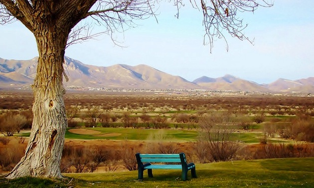 Hole #11. Signature Hole with view of Turquoise Valley and Mule Mountains.