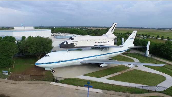 Space Center Houston’s newest exhibit features the first shuttle carrier aircraft, NASA 905, and the high-fidelity shuttle replica Independence.