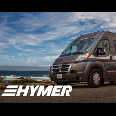 Hymer brand logo and picture of van. 